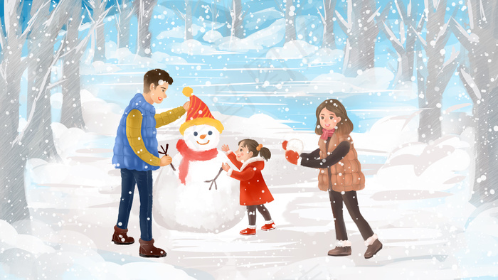 家人冬天雪中堆雪人