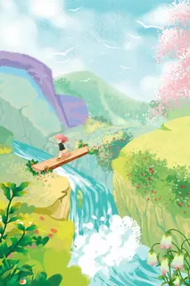 立夏夏至绿色肌理人物女孩溪水花 立夏夏至绿色肌理人物女孩溪水花