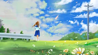 日系唯美治愈少女春天夏至蓝天白云电线花瓣