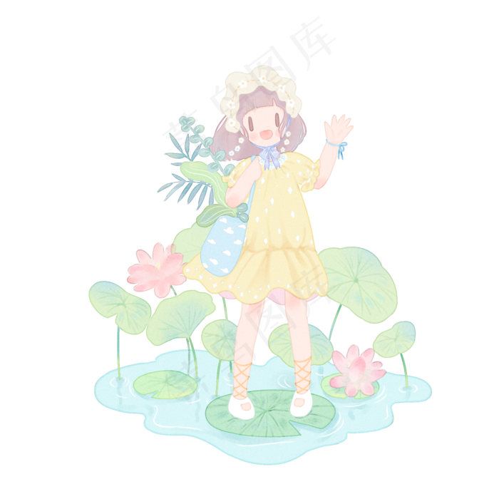 夏天水彩女孩荷花荷叶池塘PNG