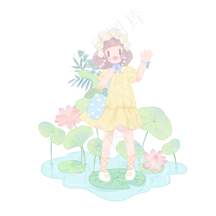 夏天水彩女孩荷花荷叶池塘PNG(2000X2000(DPI:300))psd模版下载