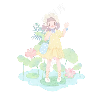 夏天水彩女孩荷花荷叶池塘PNG