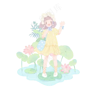 夏天水彩女孩荷花荷叶池塘PNG