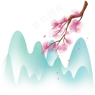 水墨樱花和青山