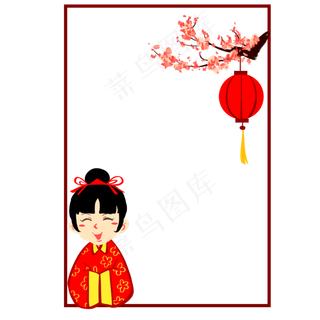 新年大红灯笼笑脸女孩边框,免抠元素