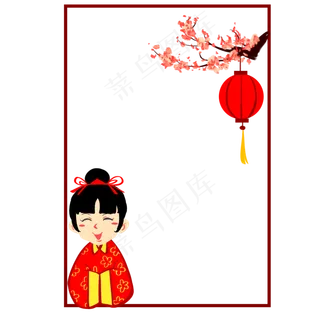 新年大红灯笼笑脸女孩边框,免抠元素