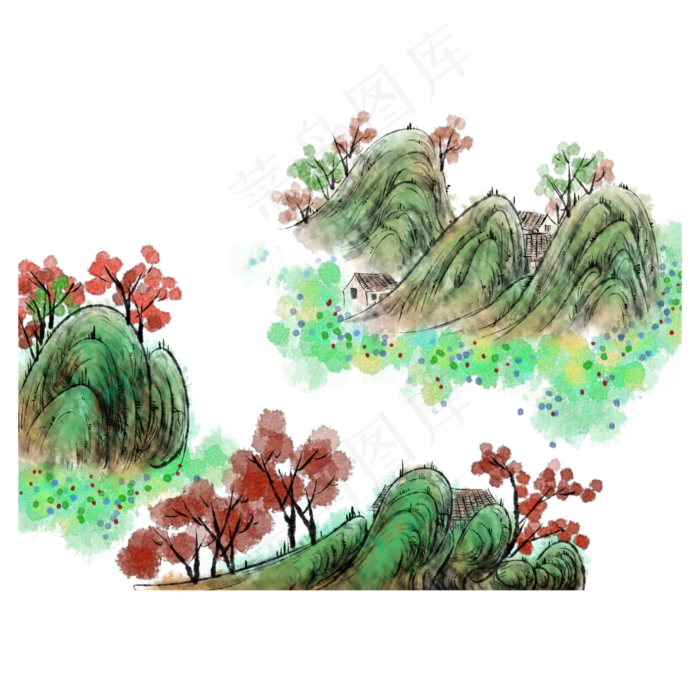 春天山水国画水墨(3000X3000(DPI:300))psd模版下载