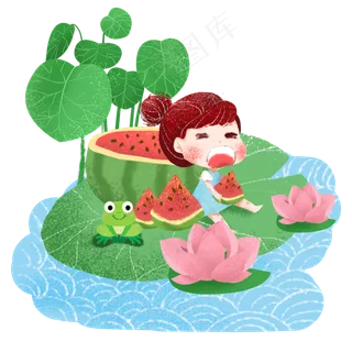 夏日荷叶上吃西瓜的女孩