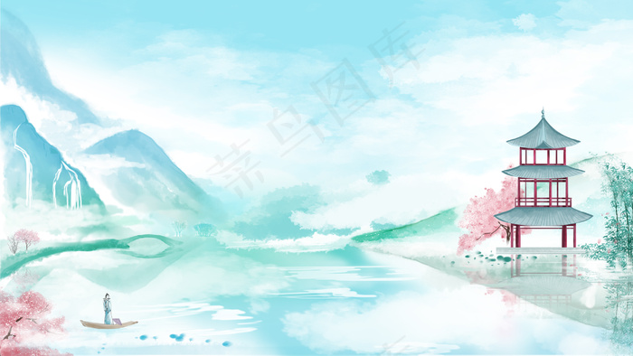 水墨古风山水景色(2880*1620px 300 dpi )psd模版下载