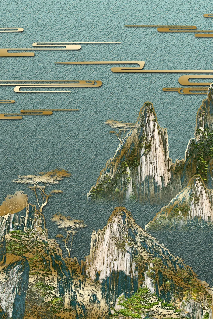 新中式山峰 云纹青色 金色中国风装饰画(800*3584px 300 dpi )psd模版下载