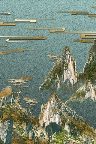 新中式山峰 云纹青色 金色中国风装饰画