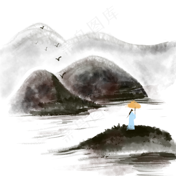 中国风水墨复古山水意境(3000X3000(DPI:300))psd模版下载