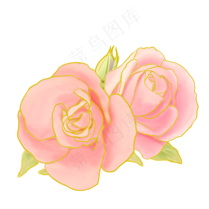 节日金边粉色玫瑰手绘花叶装饰,免抠元素