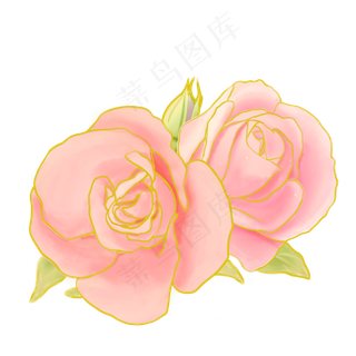 节日金边粉色玫瑰手绘花叶装饰,免抠元素