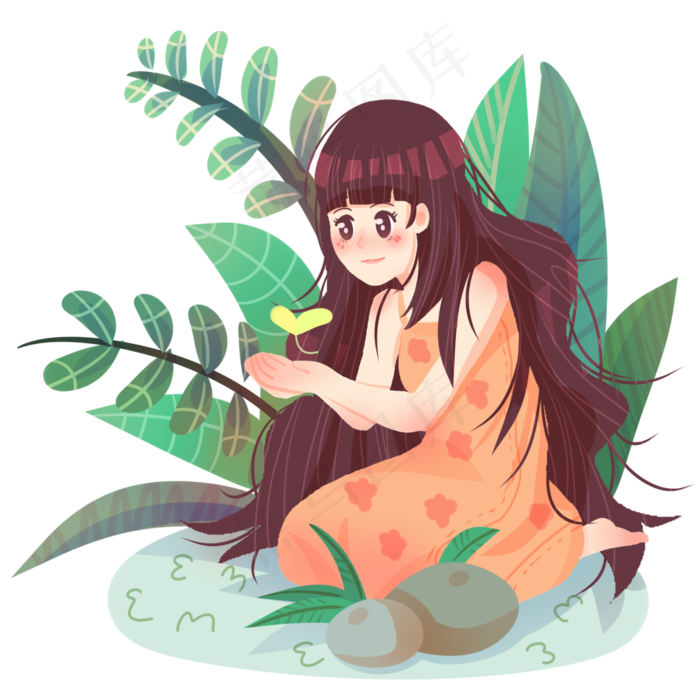 春分人物和蝴蝶插画,免抠元素