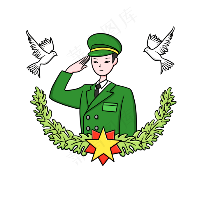 八一建军节军人绿色卡通免扣