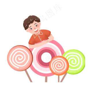 儿童节男孩与彩色棒棒糖PNG素材