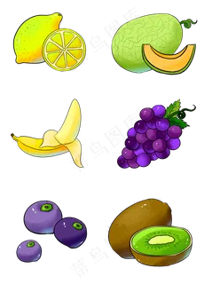 商用手绘简约水果葡萄奇异果柠檬