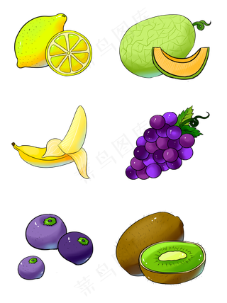 商用手绘简约水果葡萄奇异果柠檬