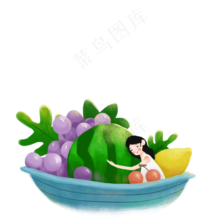 卡通女孩坐在船载上了水果(2000X2000(DPI:300))psd模版下载
