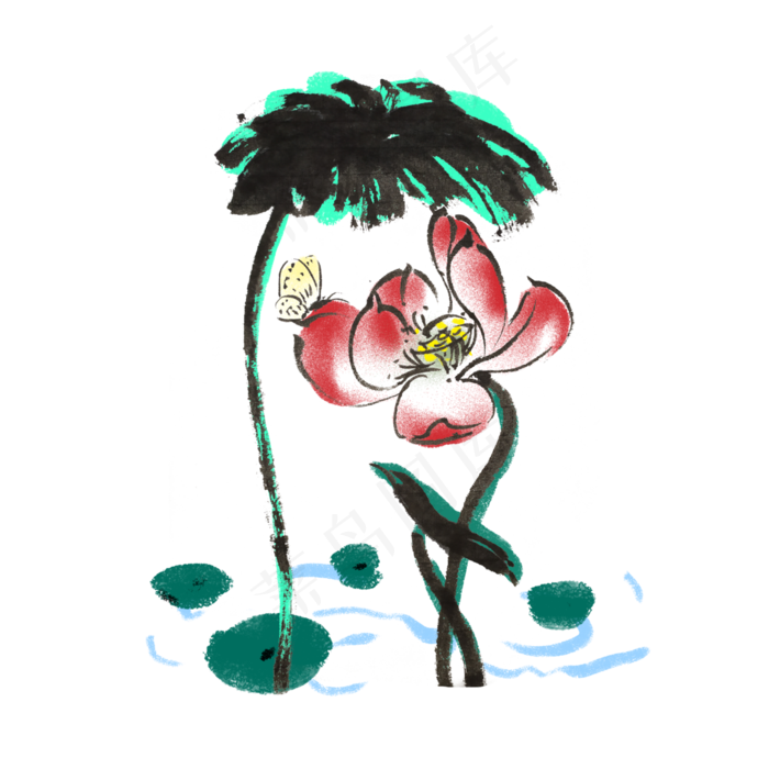 荷花荷叶水墨手绘风