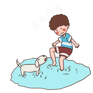 夏天和狗狗玩水的男孩