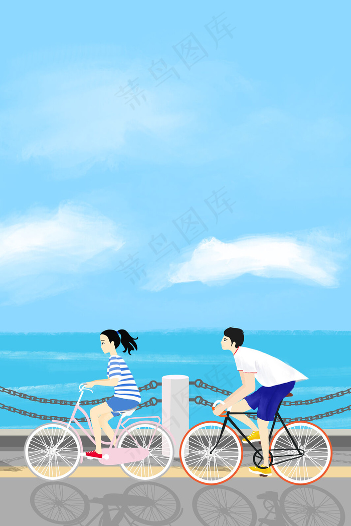 手绘五四青年节额男生女生海边骑自行车