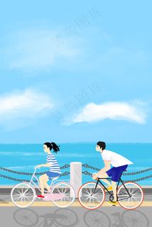 手绘五四青年节额男生女生海边骑自行车