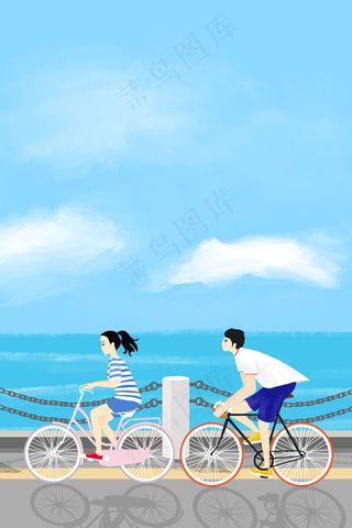 手绘五四青年节额男生女生海边骑自行车