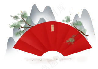 农历新年松树山峰文字框,免抠元素