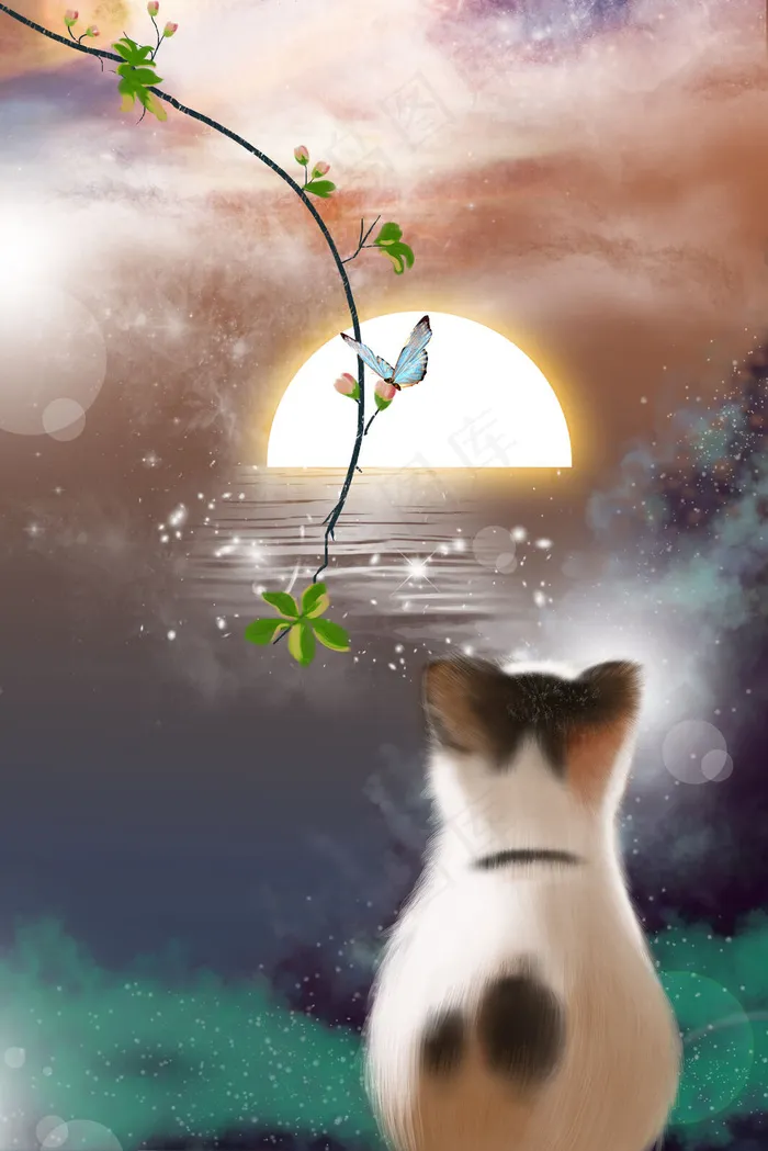 夏天的海黄昏的猫(3545X5315(DPI:300))psd模版下载