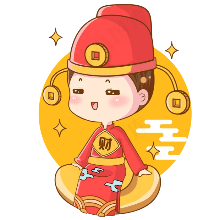 坐在金元宝上的小财神爷公子,免抠元素(2000*2000px 300 dpi )psd模版下载