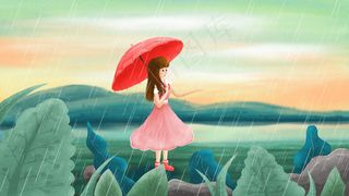 24节气清明节雨天撑伞的女孩