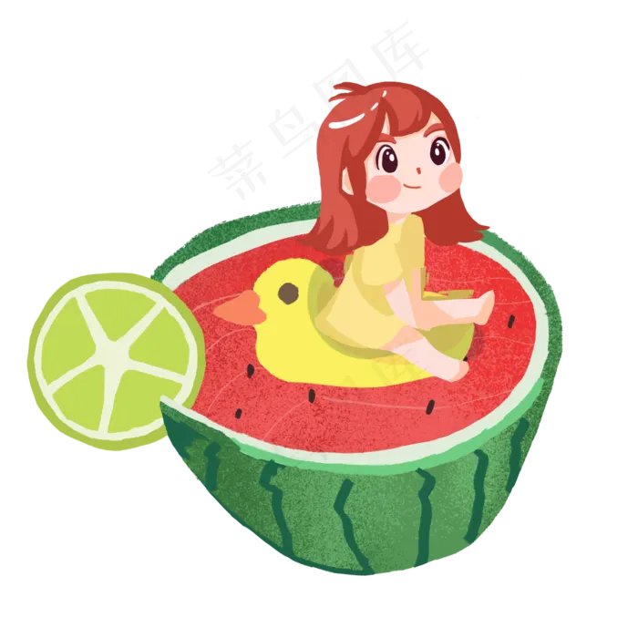 大暑可爱的女孩坐在鸭子上PNG(2000X2000(DPI:300))psd模版下载