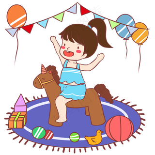 六一儿童节蓝色卡通元素骑木马