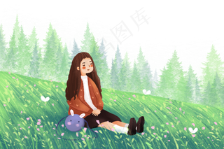 二月你好主题之女孩坐在草地上,免抠元素