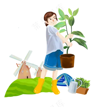 植树节拿着树苗女孩