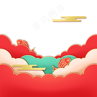 2020新年剪纸风锦鲤红色边框,免抠元素