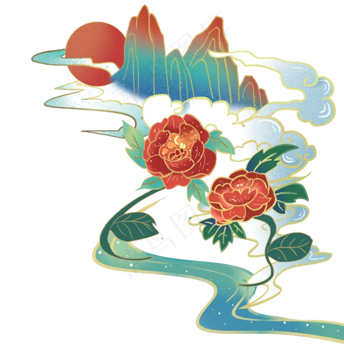 国潮风山峰和牡丹,免抠元素(2000*2000px 300 dpi )psd模版下载