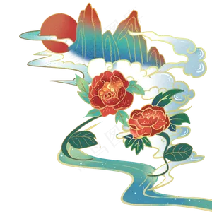 国潮风山峰和牡丹,免抠元素
