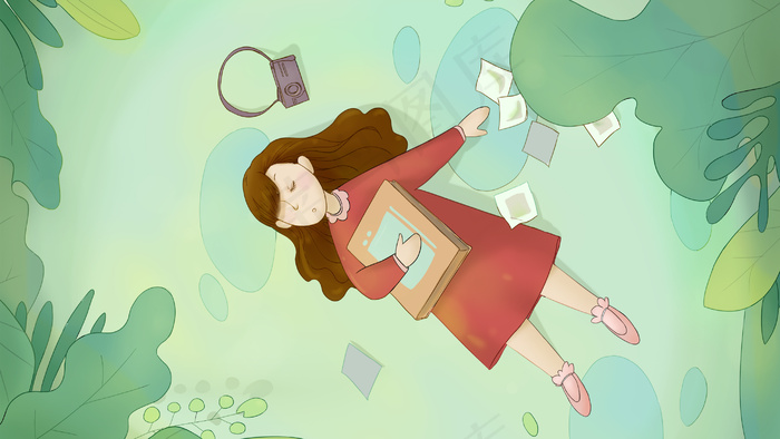 绿色系卡通手绘风春困女孩睡觉配图(2880X1620(DPI:300))psd模版下载
