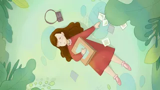 绿色系卡通手绘风春困女孩睡觉配图