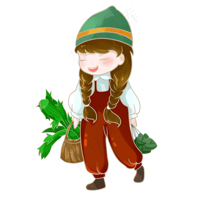 端午节习俗女孩提粽子抱艾草