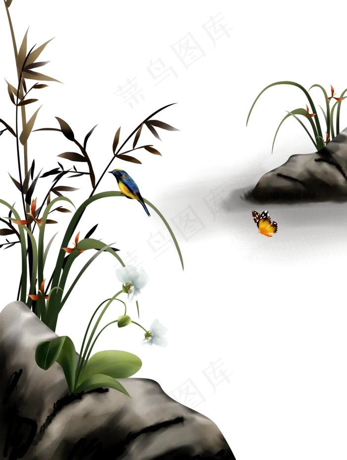 兰花蝴蝶花鸟,免抠元素(2000X2647(DPI:72))psd模版下载