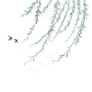 柳叶柳枝水墨燕子中国风免扣,免抠元素