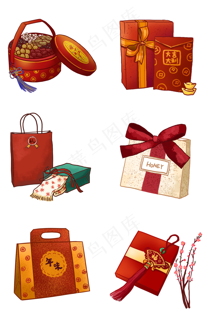 春节红色喜庆礼盒组图PNG免抠素材