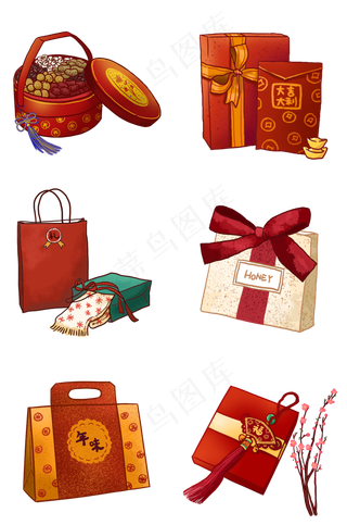春节红色喜庆礼盒组图PNG免抠素材