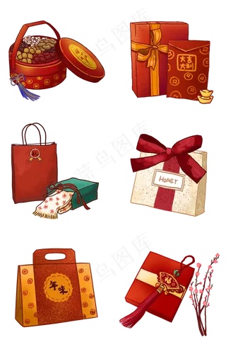 春节红色喜庆礼盒组图PNG免抠素材