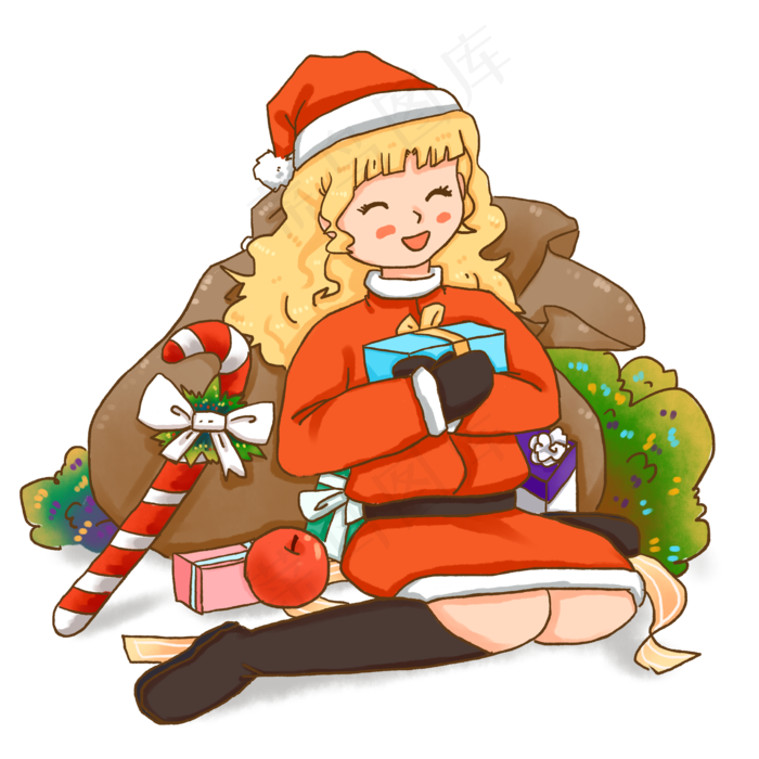 圣诞节红色女孩圣诞装收礼物免抠