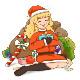 圣诞节红色女孩圣诞装收礼物免抠